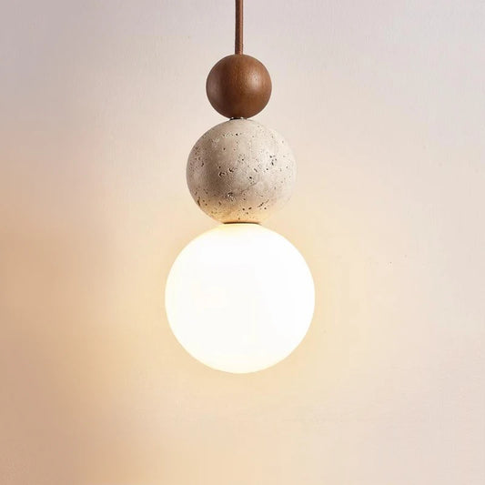 Round wood and stone pendant lamp